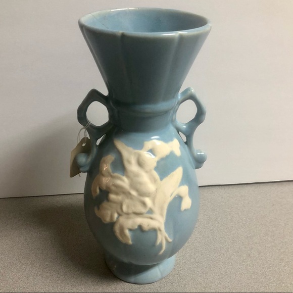 Vintage Blue Weller Pottery Vase Floral with Chip
